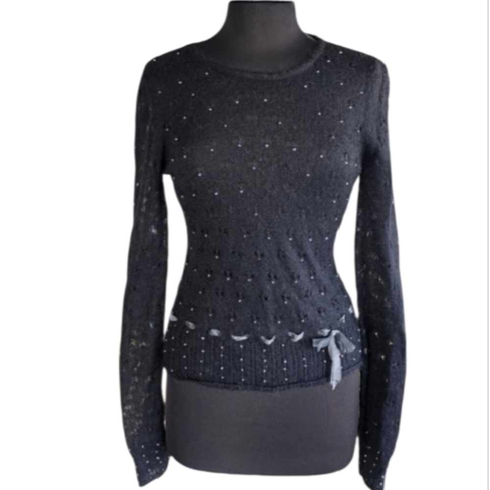 Vintage Y2K Grail Intuition M Black Knit Sweater Ribbon Detail Mohair Cozy